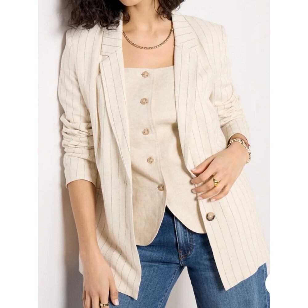 Evereve Linen Pinstripe Relaxed Business Office Euro Summer Fisherman Blazer